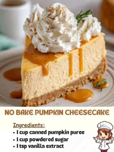 Delicious No Bake Pumpkin Cheesecake topped with whipped cream and spices.