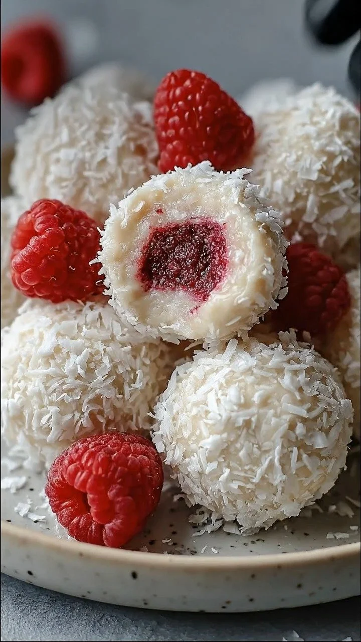 Homemade no-bake raspberry coconut balls on a white plate