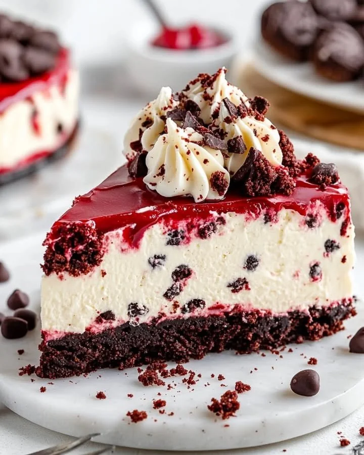 No-bake red velvet cheesecake topped with cookie dough bites