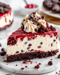 No-Bake Red Velvet Cookie Dough Cheesecake topped with creamy frosting and red velvet crumbs.