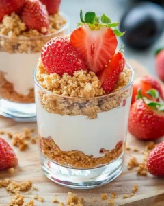 No-bake strawberry cheesecake parfaits layered with fresh strawberries and creamy filling