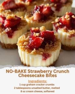 No-bake strawberry crunch cheesecake bites on a platter