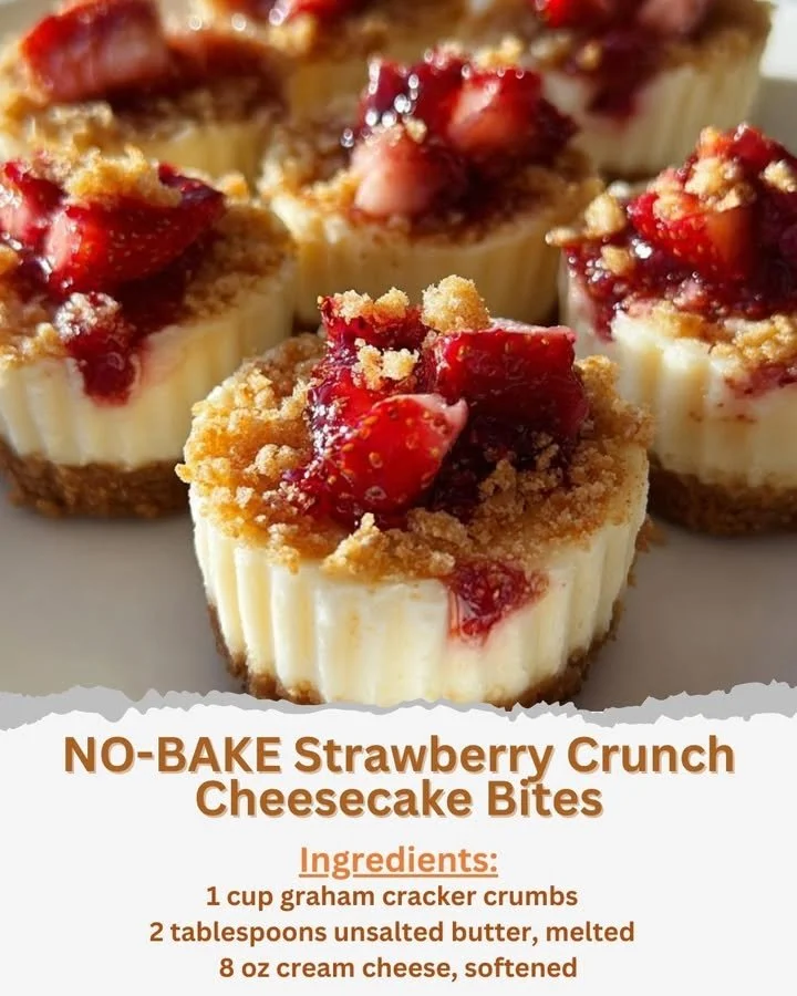 No-bake strawberry crunch cheesecake bites on a platter