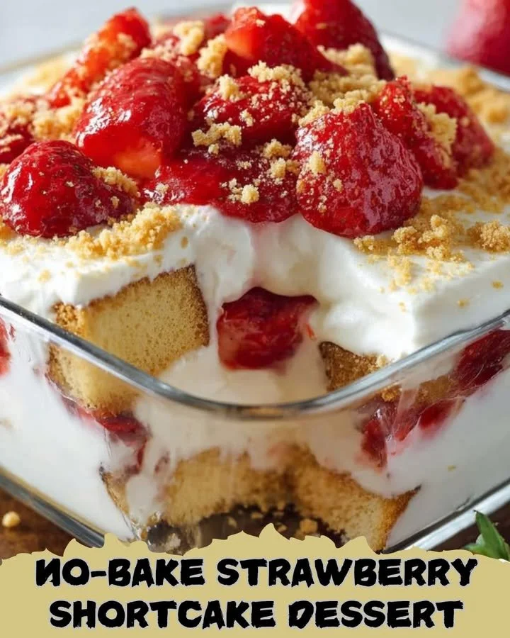 No-bake strawberry shortcake dessert with fresh strawberries and whipped cream
