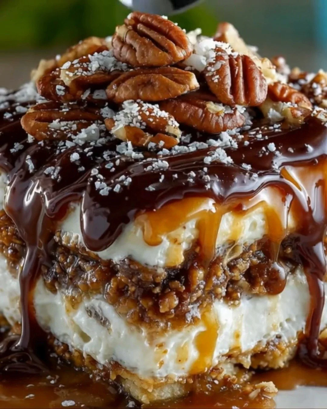 No Bake Turtle Lasagna Dessert with layers of chocolate, caramel, and pecans