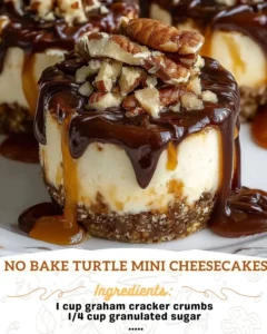 No Bake Turtle Mini Cheesecakes topped with chocolate and caramel