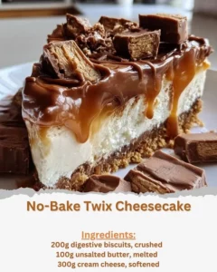 Delicious no-bake Twix cheesecake topped with chocolate and caramel