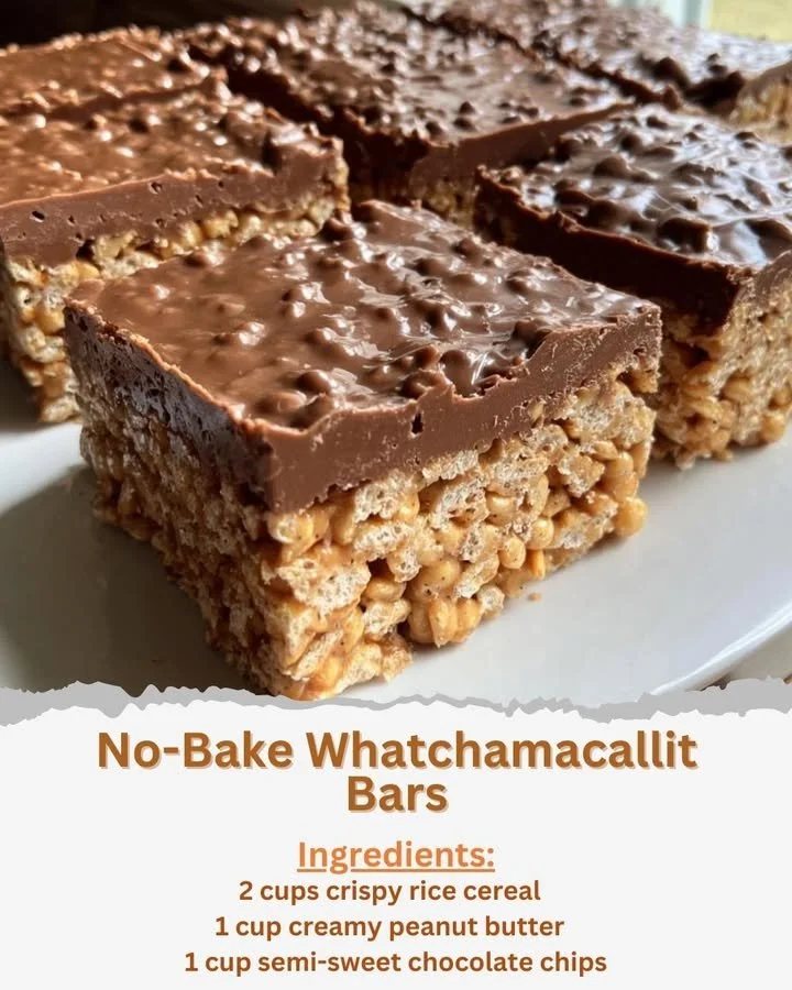 No-Bake Whatchamacallit Bars with chocolate, caramel, and peanut butter layers
