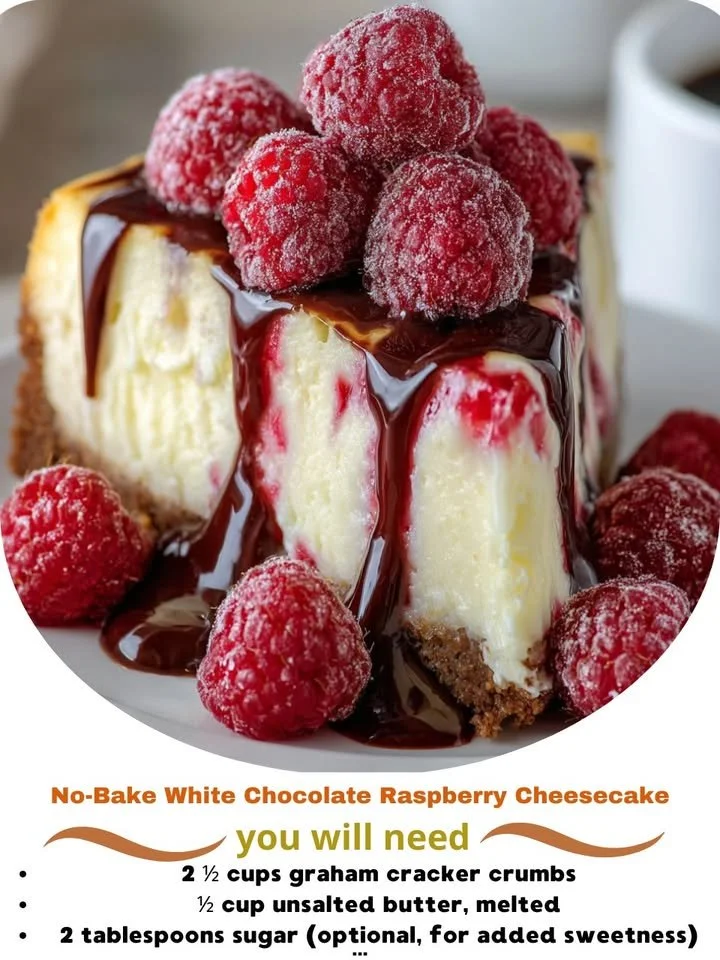 No-bake white chocolate raspberry cheesecake with fresh raspberries on top