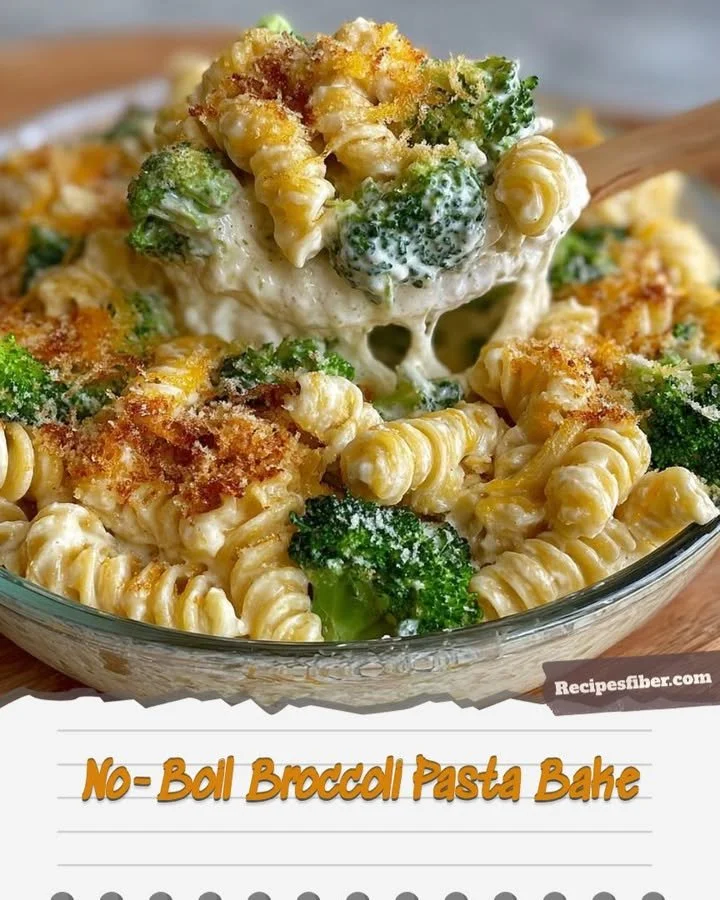 No-Boil Broccoli Pasta Bake topped with cheese and fresh herbs