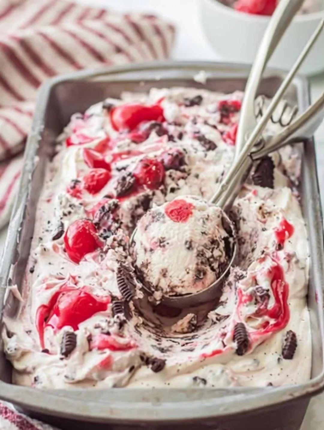 No-churn chocolate cherry cheesecake ice cream in a dessert bowl
