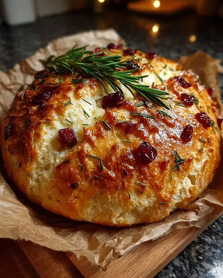 Loaf of no-knead cranberry rosemary bread served with lemon butter