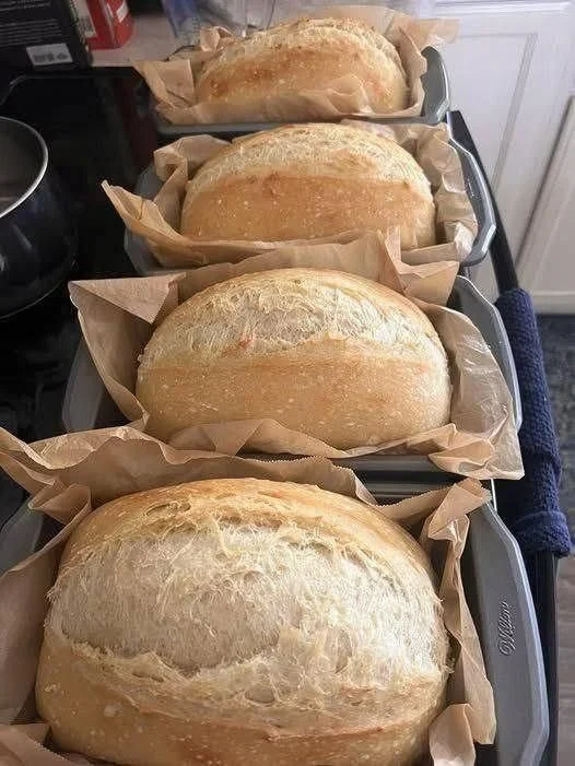 Loaf of freshly baked no-knead sandwich bread on a wooden cutting board