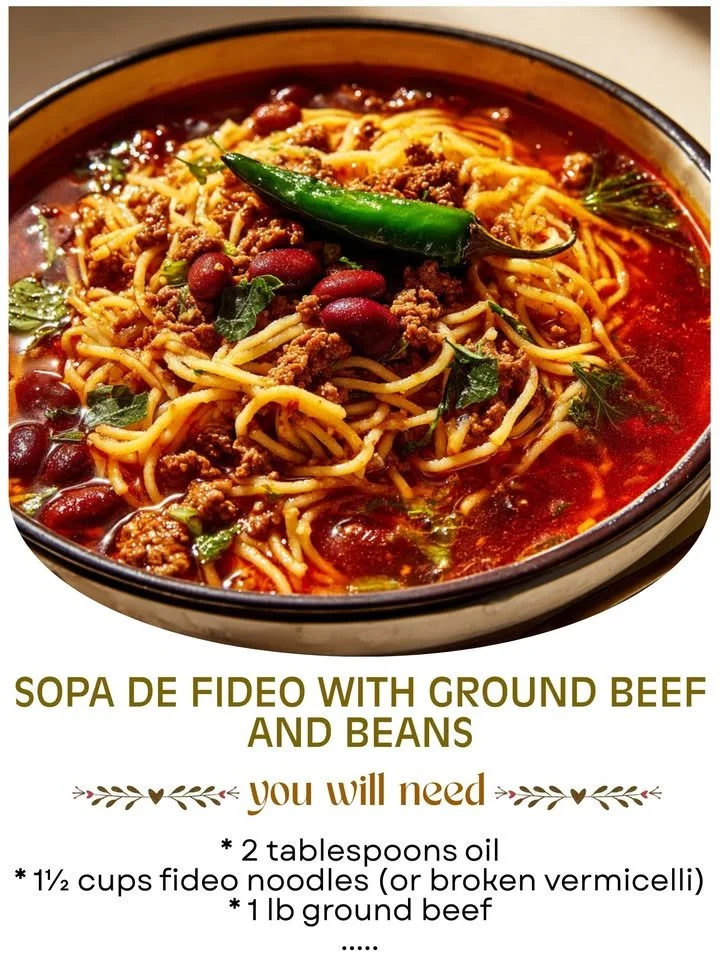 A bowl of noodle soup with ground beef and beans