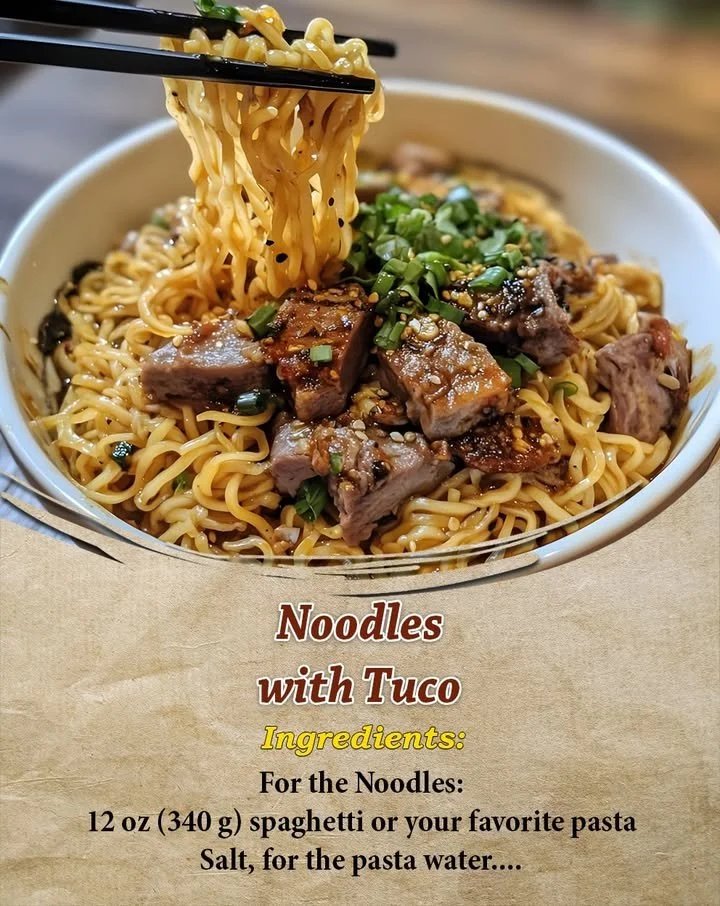 Plate of noodles topped with rich tuco sauce, garnished and ready to serve.