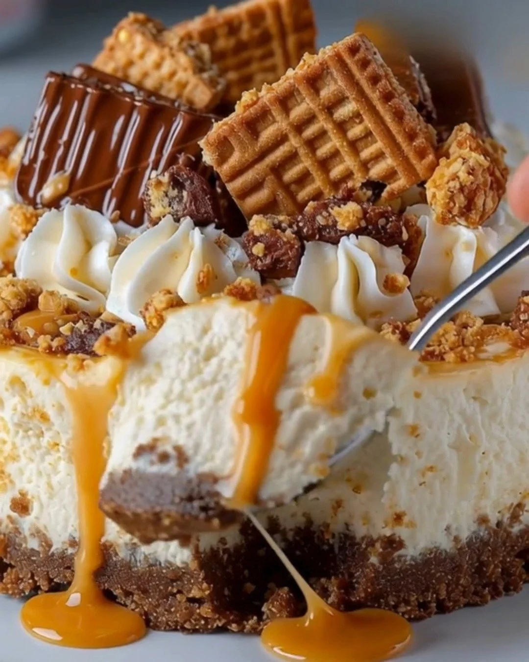 Slice of Nutter Butter Cheesecake topped with crushed cookies and whipped cream