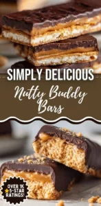 Homemade Nutty Buddy Bars with nuts and chocolate on a wooden table