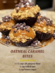 Delicious oatmeal caramel bites stacked on a plate.