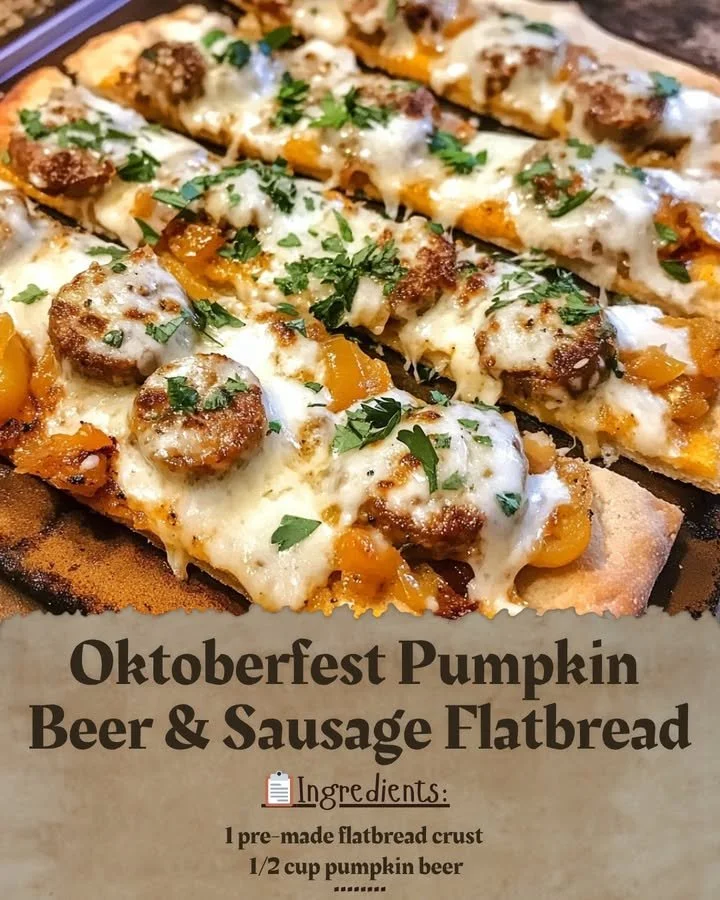 Oktoberfest pumpkin beer served with sausage flatbread, ideal for fall gatherings.