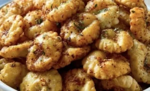 Bowl of Old Bay baked oyster crackers ready to serve as a delicious snack