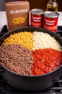 Delicious bowl of old-fashioned American goulash with pasta and meat sauce