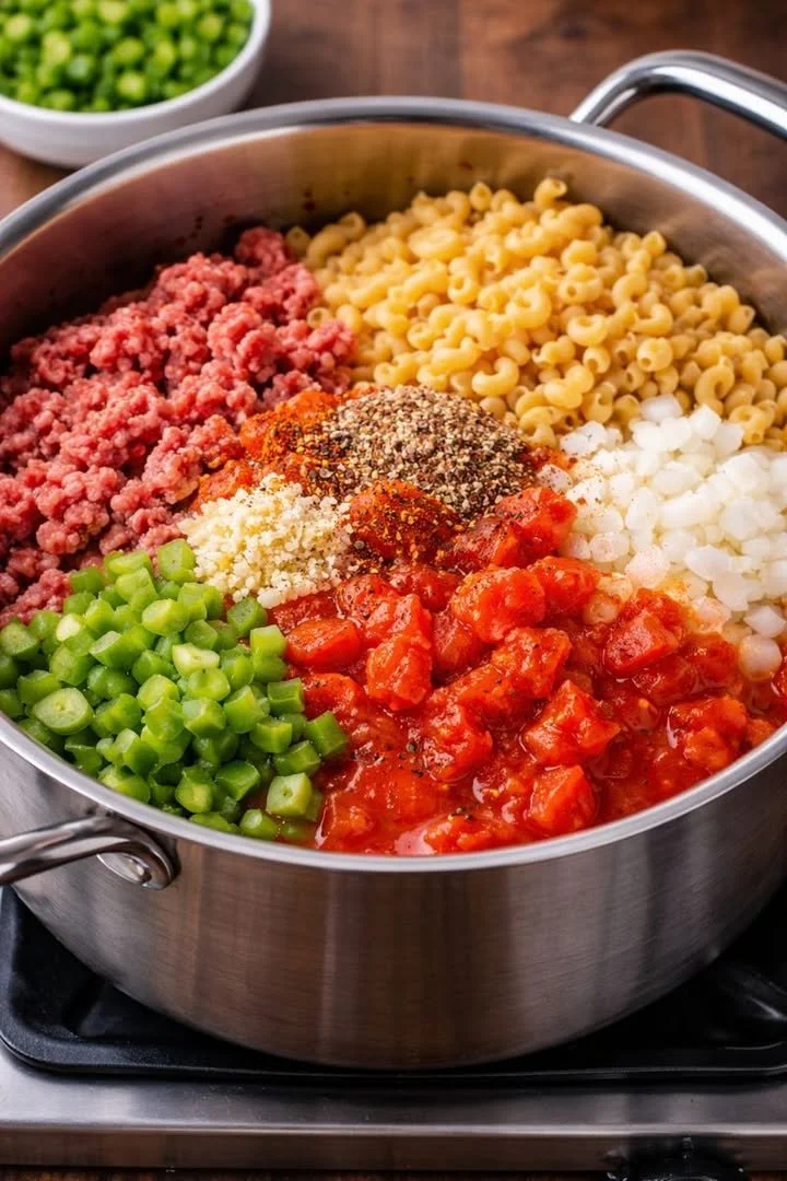 Bowl of Old-Fashioned American Goulash topped with cheese and herbs