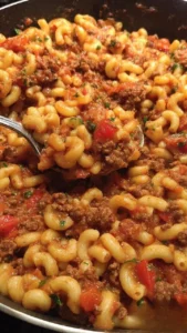 Bowl of Old-Fashioned American Goulash with pasta and ground beef