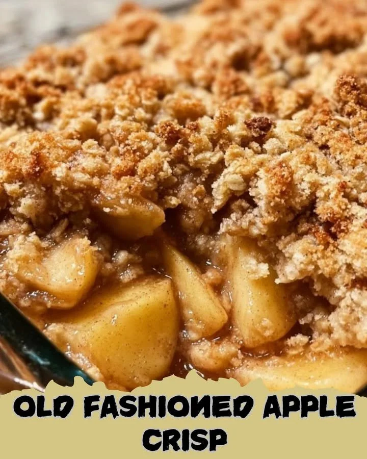 Delicious old fashioned apple crisp with oats and cinnamon baked to perfection