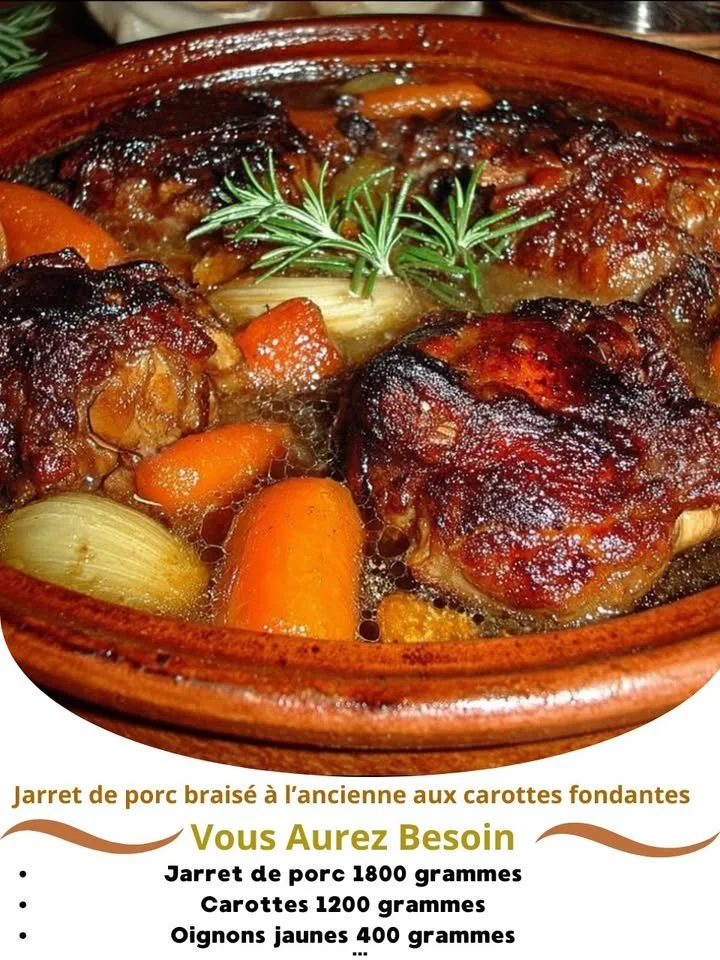 Old-fashioned braised pork shank served with melting carrots, a hearty dish.