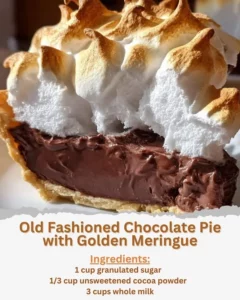 Old fashioned chocolate pie topped with golden meringue on a dessert plate