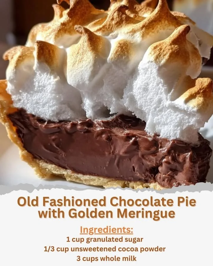 Old fashioned chocolate pie topped with golden meringue on a dessert plate