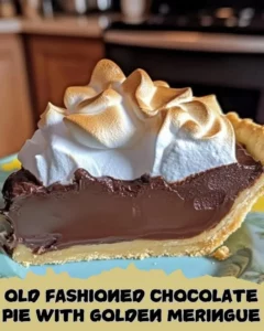 Old Fashioned Chocolate Pie topped with Golden Meringue in a pie dish