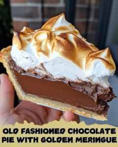 Delicious old fashioned chocolate pie topped with golden meringue
