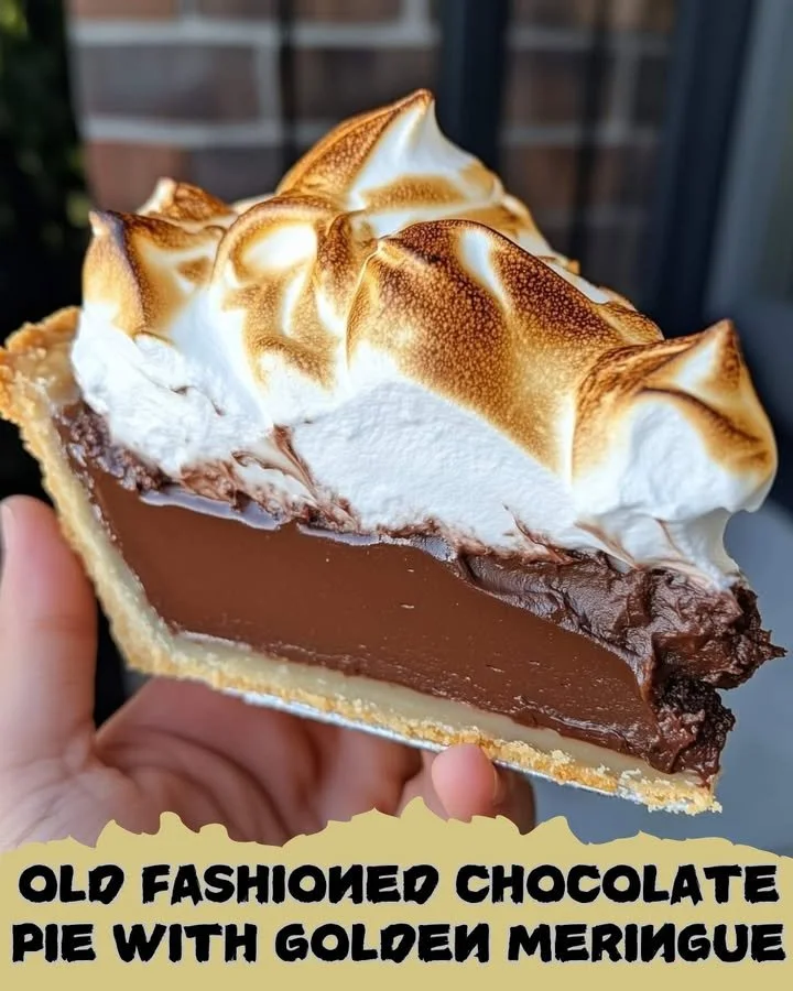 Delicious old fashioned chocolate pie topped with golden meringue