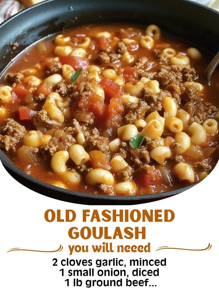 A bowl of Old Fashioned Goulash with pasta, ground beef, and vegetables.