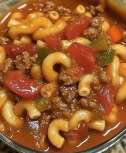 A steaming bowl of Old Fashioned Goulash topped with herbs