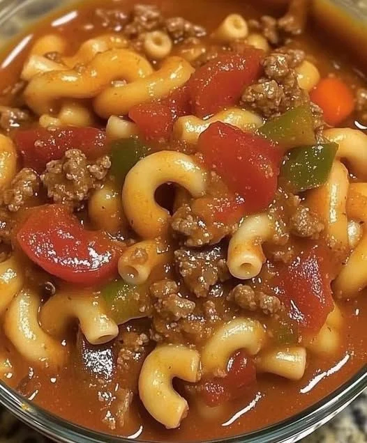 A steaming bowl of Old Fashioned Goulash topped with herbs
