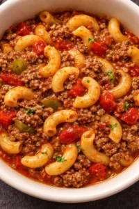 Serving of Old Fashioned Goulash in a rustic bowl garnished with herbs.