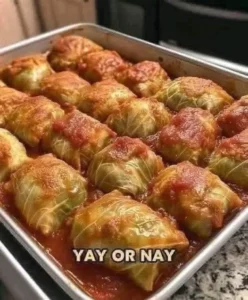 Plate of old fashioned stuffed cabbage rolls with savory filling