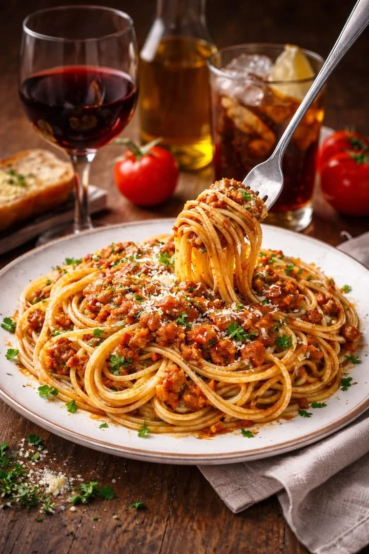 Delicious old-school spaghetti served with marinara sauce and basil.