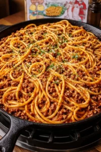 Delicious old school spaghetti topped with savory ground beef.