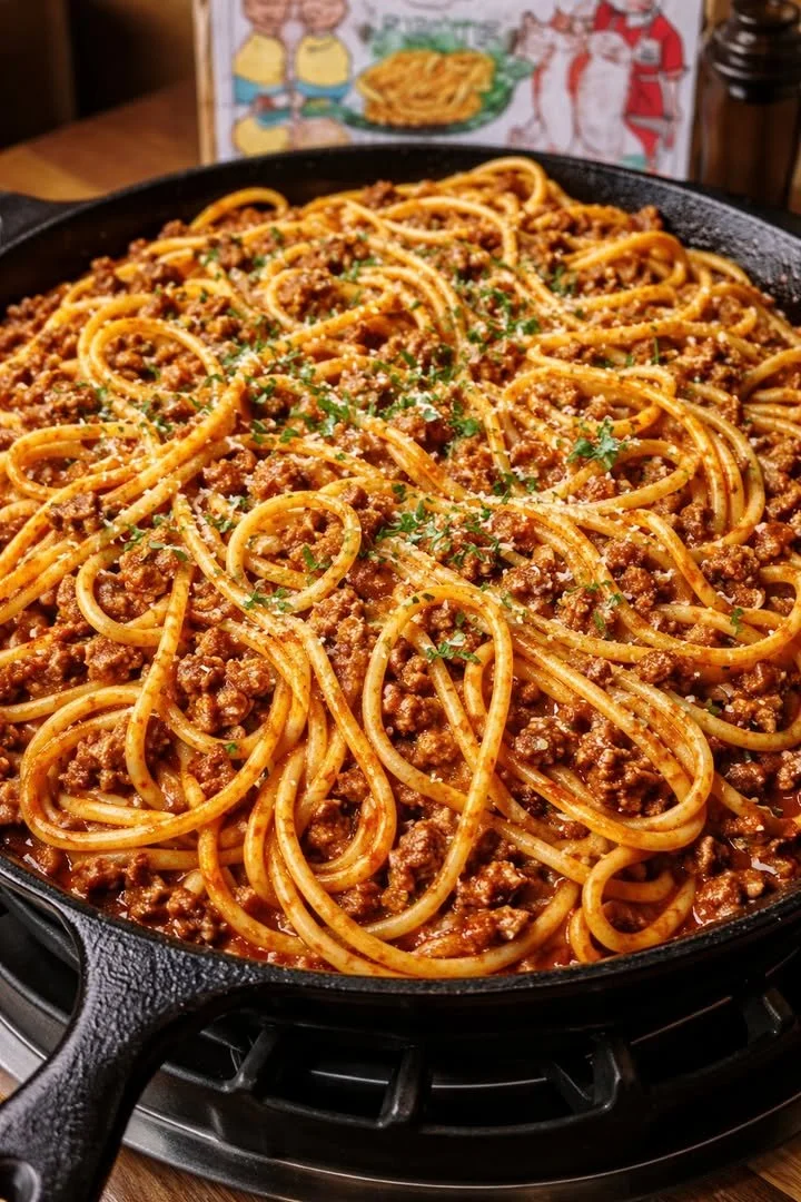 Delicious old school spaghetti topped with savory ground beef.
