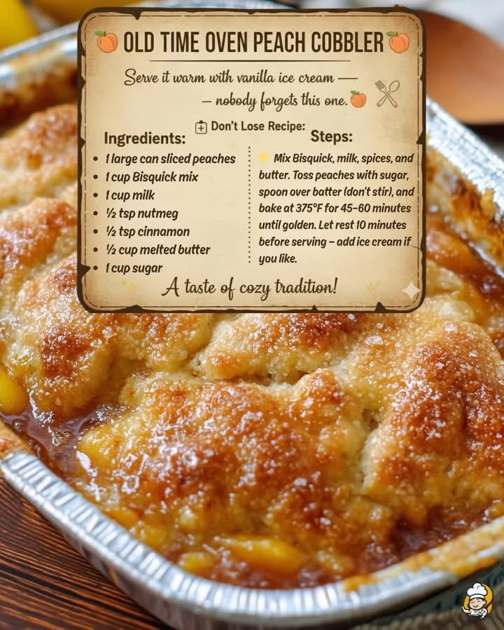 Delicious Old Time Oven Peach Cobbler served warm with a scoop of ice cream.