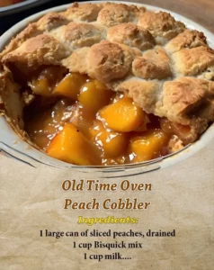 Delicious Old Time Oven Peach Cobbler topped with vanilla ice cream
