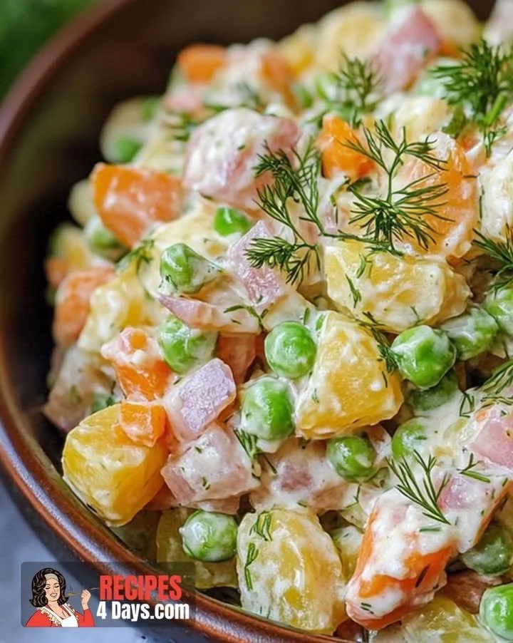 A bowl of traditional Olivier Potato Salad topped with fresh herbs