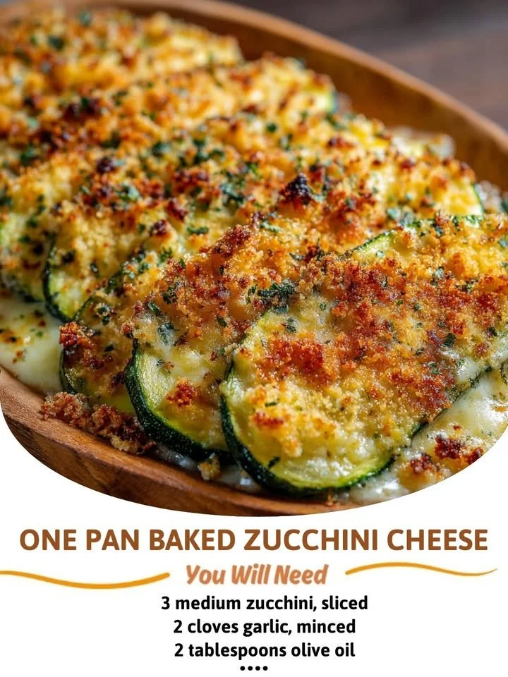 One Pan Baked Zucchini Cheese dish with melted cheese and fresh zucchini