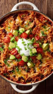One Pan Chicken Enchilada Skillet topped with cheese and fresh cilantro
