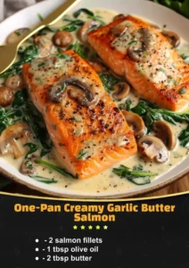 One-Pan Creamy Garlic Butter Salmon dish garnished with herbs and served on a plate.