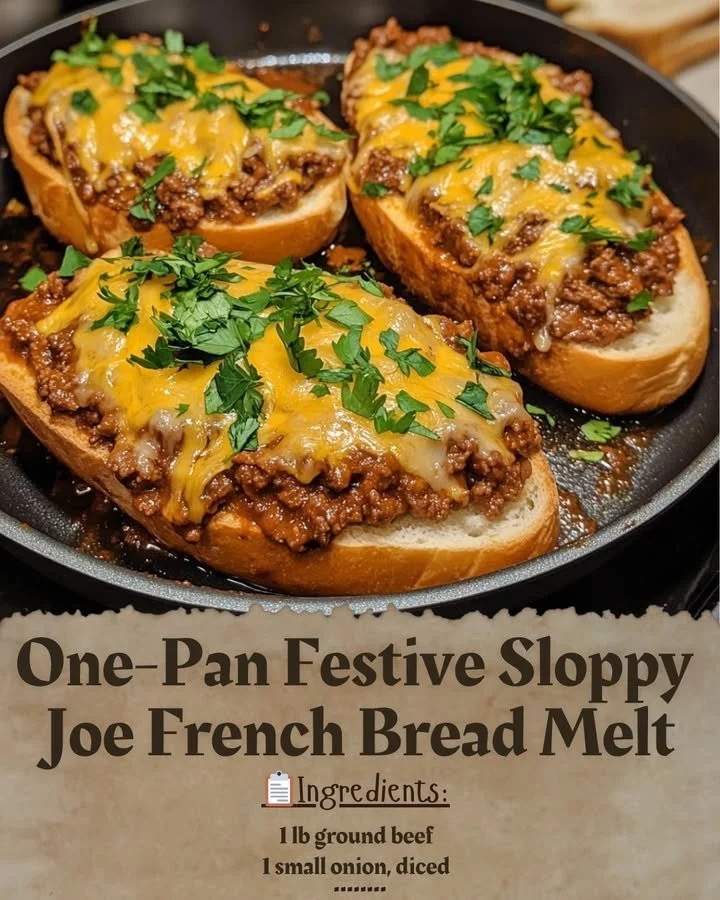 One-Pan Festive Sloppy Joe French Bread Melt topped with cheese and herbs