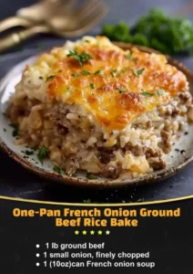One-Pan French Onion Ground Beef Rice dish served in a skillet with cheese